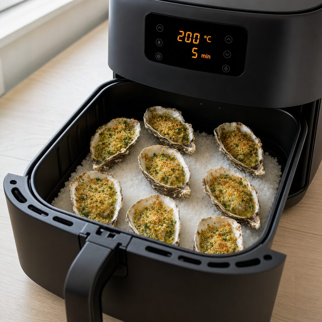 Gratinerede østers placeres i airfryer kurven og tilberedes til toppen er gylden og sprød