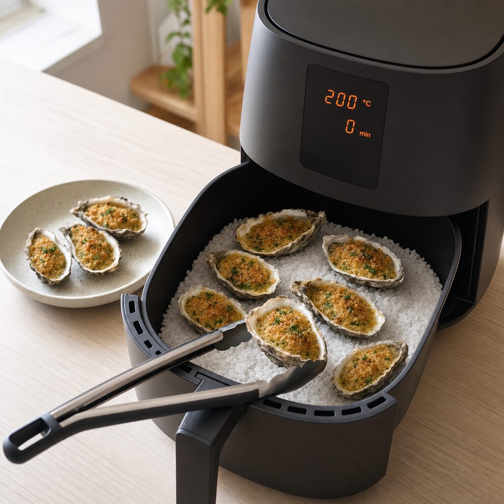 Gratinerede østers tages forsigtigt ud af airfryer kurven med tang før næste hold tilberedes