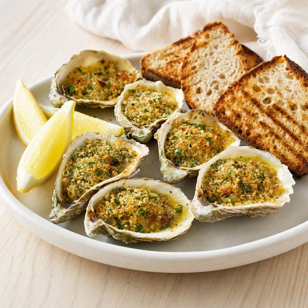 Gratinerede østers serveres varme og sprøde med citronbåde og ristet surdejsbrød i min airfryer opskrift